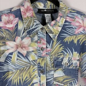Sag Harbor Women's Large Blue Hawaiian Metal Button Front Short Sleeve Denim Top